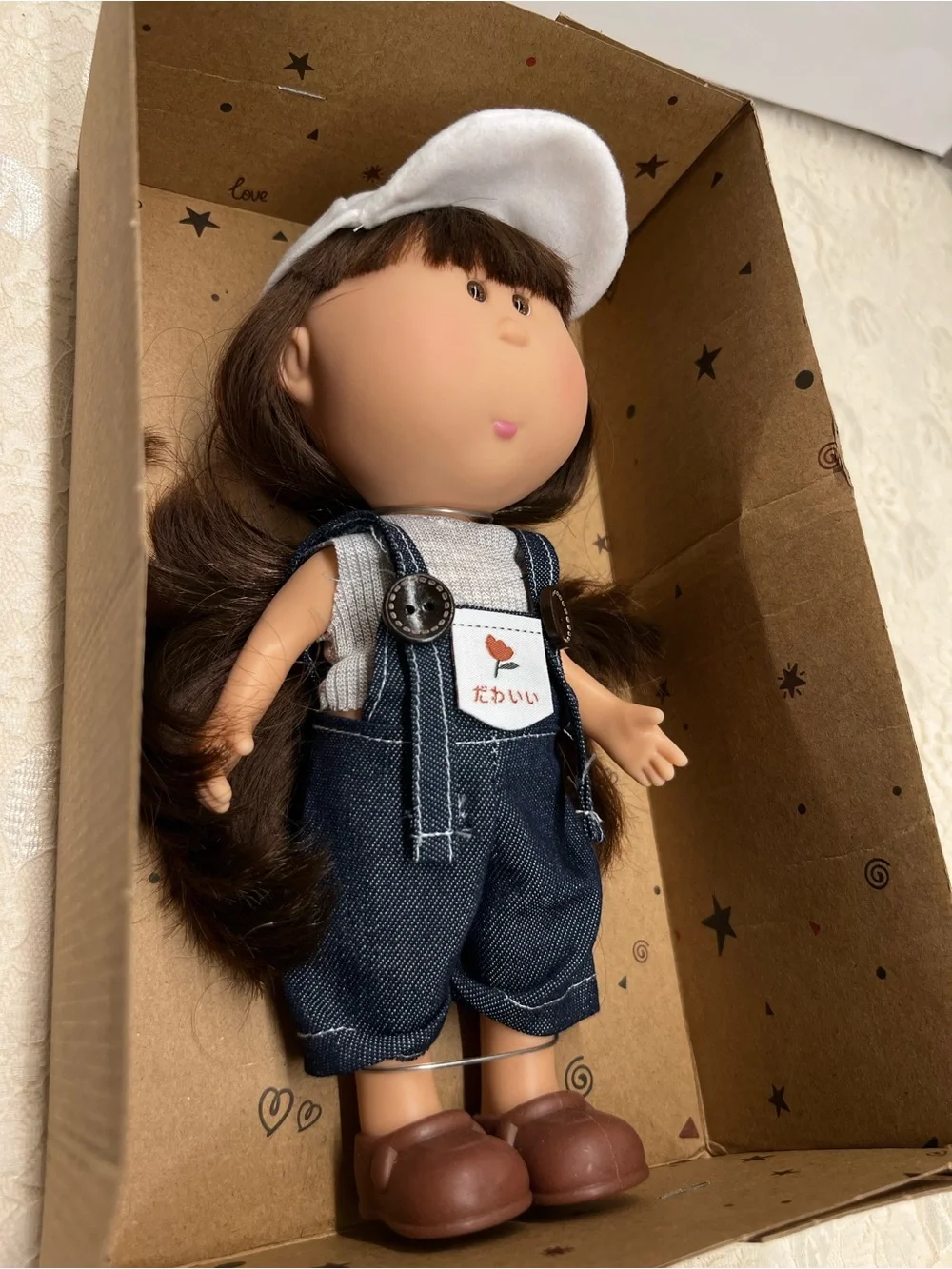 New, Mia Potato Fashion Doll with Brown Hair and White Cap - Cute Jean Overalls